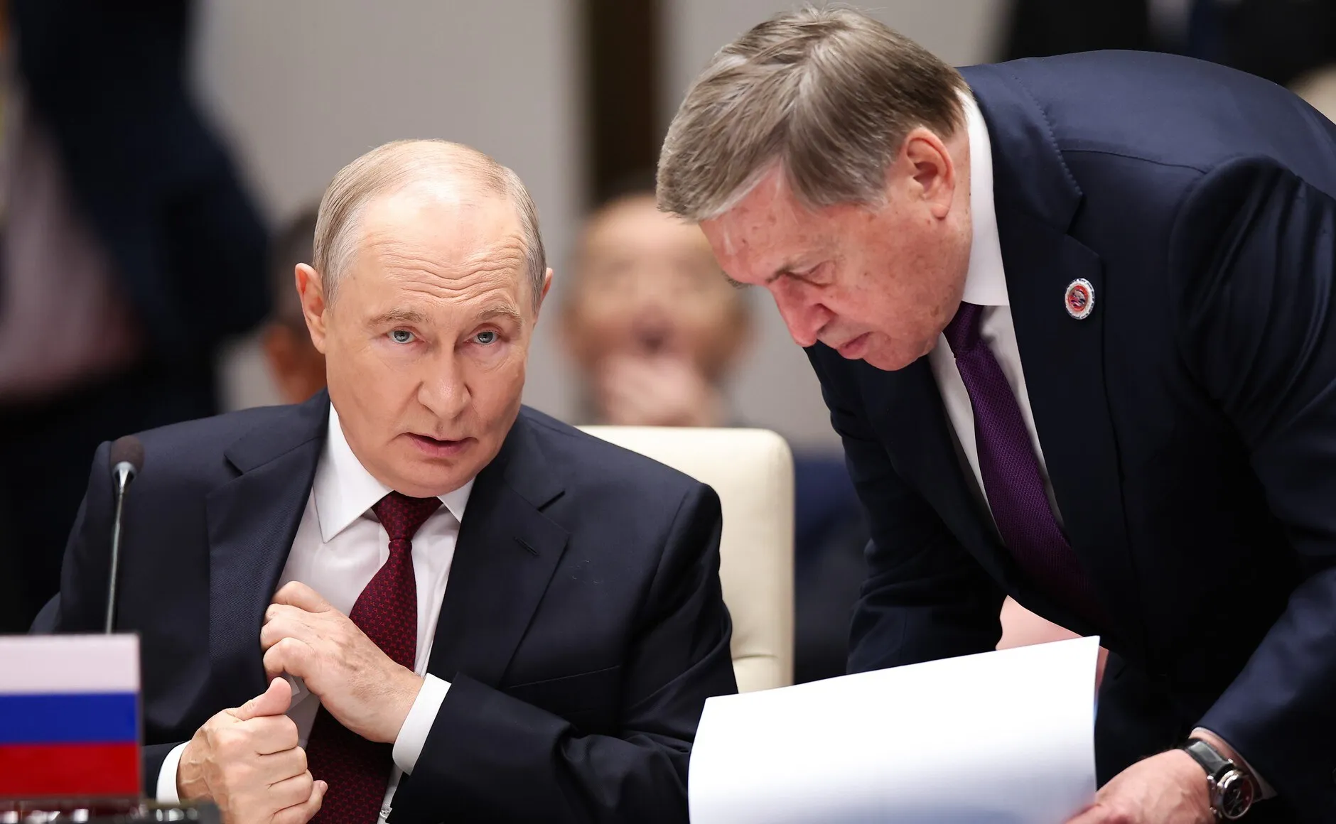 President Putin with his aide Yury Ushakov at the session of the SCO Council of Heads of State, Bishkek, 1 September 2026. Photo: Pyotr Kovalyov / Presidential Press and Information Office. Licence: CC BY 4.0 (attribution to www.kremlin.ru required). Source: Wikimedia Commons