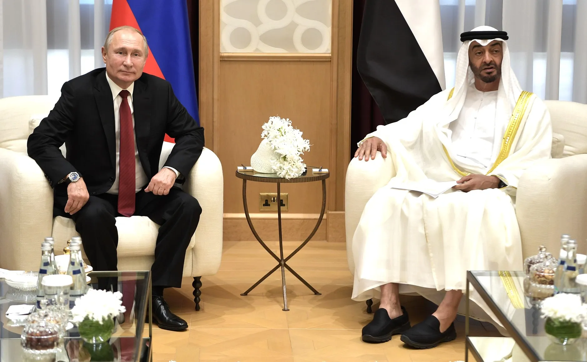 Vladimir Putin and the Crown Prince of Abu Dhabi, Mohammed bin Zayed Al Nahyan, during the Russian president’s visit to the United Arab Emirates, 15 October 2019. Photo: Presidential Press and Information Office, kremlin.ru. Licence: CC BY 4.0 (attribution to kremlin.ru required). Source: Wikimedia Commons